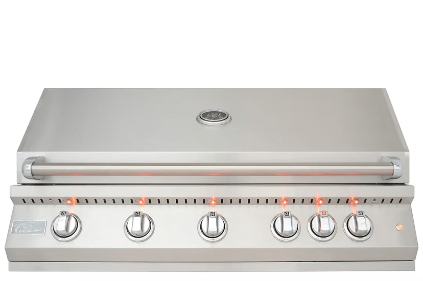 The Kokomo Grills 40-Inch Professional Built-In Gas Grill (5 Burner) features five orange-lit control knobs and a closed lid with a built-in thermometer—ideal for your outdoor kitchen.