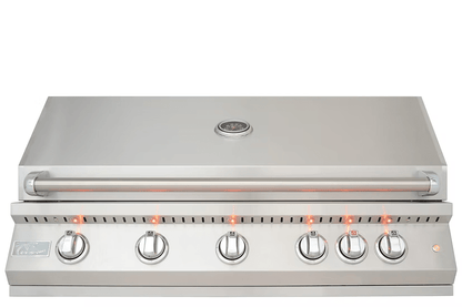 The Kokomo Grills 40-Inch Professional Built-In Gas Grill (5 Burner) features five orange-lit control knobs and a closed lid with a built-in thermometer—ideal for your outdoor kitchen.