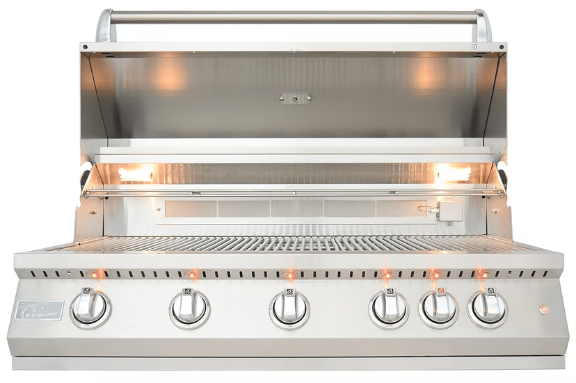 The Kokomo Grills 40-Inch Professional Built-In Gas Grill (5 Burner) features five control knobs, an open lid, internal lighting, and metal grates—ideal for outdoor kitchens. Shown from the front in sleek stainless steel.