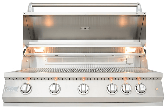 The Kokomo Grills 40-Inch Professional Built-In Gas Grill (5 Burner) features five control knobs, an open lid, internal lighting, and metal grates—ideal for outdoor kitchens. Shown from the front in sleek stainless steel.