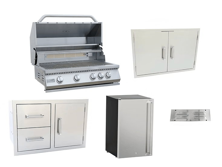 The Kokomo Grills 5-Piece Outdoor Kitchen Set by Kokomo Grills features a grill, double doors, drawers, fridge, and vent in stainless steel—all shown on a white background.