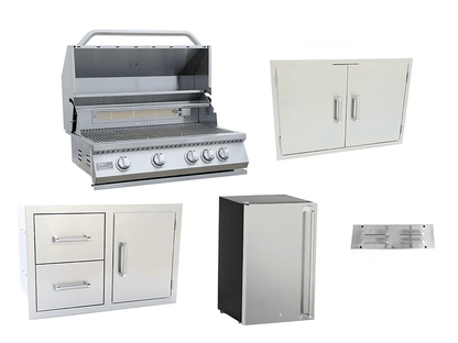 The Kokomo Grills 5-Piece Outdoor Kitchen Set by Kokomo Grills features a grill, double doors, drawers, fridge, and vent in stainless steel—all shown on a white background.