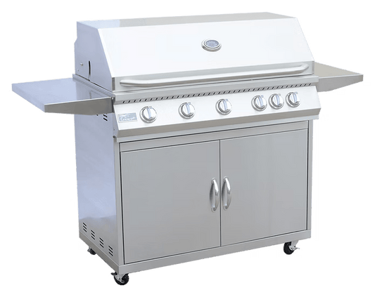 The Kokomo Grills 5 Burner 40-Inch Cart Model BBQ Grill from Kokomo Grills features five burners, locking casters, side shelves, a double-door storage cabinet, and a sleek stainless steel design with a closed lid for your outdoor space.