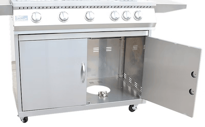 The Kokomo Grills 5 Burner 40-Inch Cart Model BBQ Grill features a stainless steel design, multiple control knobs, locking casters, and an open lower cabinet with a circular propane tank cutout.