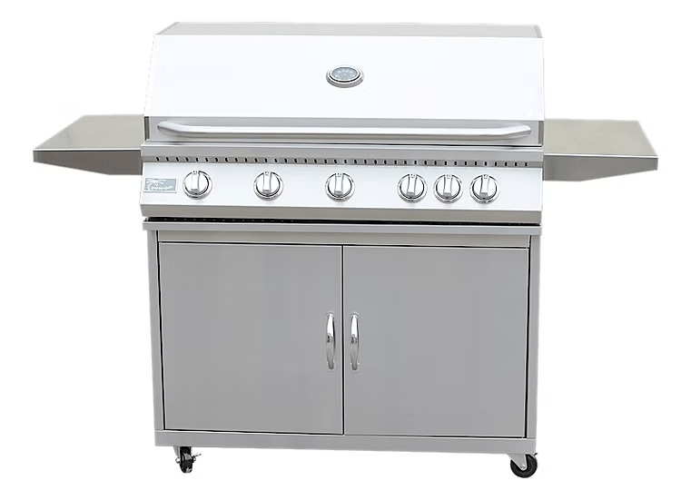 The Kokomo Grills 5 Burner 40-Inch Cart Model BBQ Grill features five burners, five control knobs, built-in lid thermometer, two side shelves, double-door storage, and locking casters—ideal for outdoor gatherings.