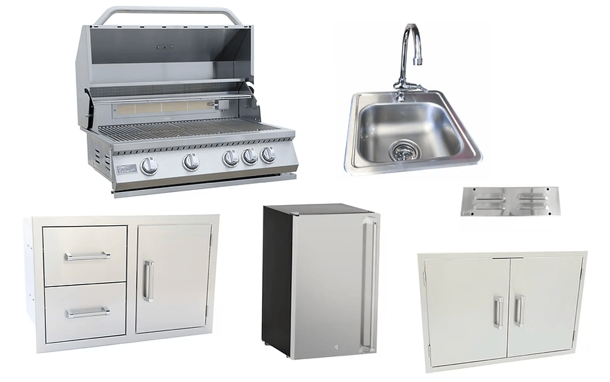 The Kokomo Grills 6-Piece Outdoor Kitchen Set includes a built-in BBQ grill, sink with faucet, two storage drawers, double access doors, refrigerator, and vented panel—everything for the perfect outdoor kitchen.