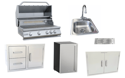 The Kokomo Grills 6-Piece Outdoor Kitchen Set includes a built-in BBQ grill, sink with faucet, two storage drawers, double access doors, refrigerator, and vented panel—everything for the perfect outdoor kitchen.