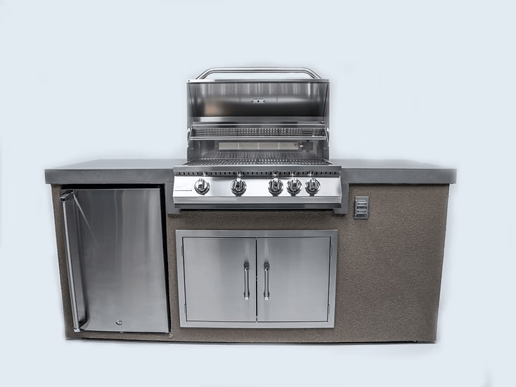 The Kokomo Grills 7-Foot Straight Kitchen Island by Kokomo Grills features a built-in stainless steel gas grill with four knobs, a closed mini fridge on the left, and double storage doors below the grill, set against a plain background.