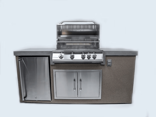 The Kokomo Grills 7-Foot Straight Kitchen Island by Kokomo Grills features a built-in stainless steel gas grill with four knobs, a closed mini fridge on the left, and double storage doors below the grill, set against a plain background.