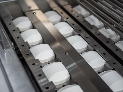 Rows of large white tablets are arranged in a metal tray, similar to how components are neatly organized in compartments for a Kokomo Grills 7-Foot Straight Kitchen Island by Kokomo Grills.