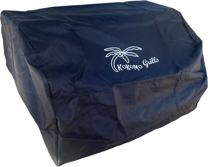 Protect your Kokomo Grills 7-Piece Outdoor Kitchen Set with a black cover featuring the Kokomo Grills logo and a white palm tree graphic—ideal for keeping your built-in grill, drawers, fridge, and more safe outdoors.