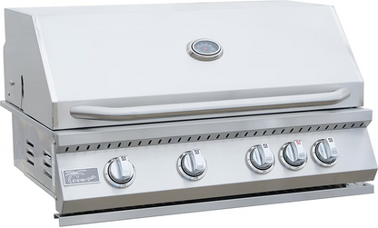 The Kokomo Grills 7-Piece Outdoor Kitchen Set features a sleek stainless steel built-in BBQ grill with four control knobs, a lid thermometer, and lower left logo—ideal for modern outdoor kitchens. Brand: Kokomo Grills.