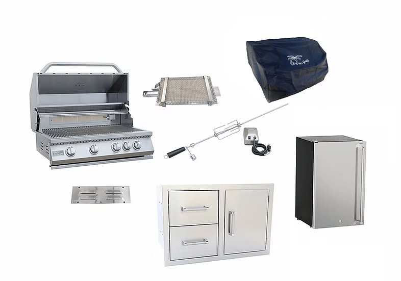 The Kokomo Grills 7-Piece Outdoor Kitchen Set includes a grill, sear burner, fridge, rotisserie kit, double drawers, and vent panel—all from Kokomo Grills and displayed on a white background.