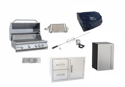 The Kokomo Grills 7-Piece Outdoor Kitchen Set includes a grill, sear burner, fridge, rotisserie kit, double drawers, and vent panel—all from Kokomo Grills and displayed on a white background.