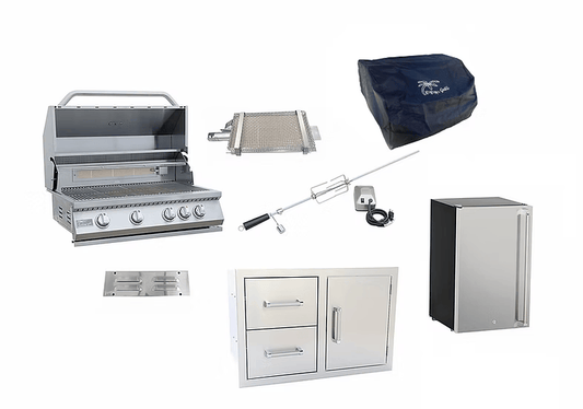 The Kokomo Grills 7-Piece Outdoor Kitchen Set includes a grill, sear burner, fridge, rotisserie kit, double drawers, and vent panel—all from Kokomo Grills and displayed on a white background.