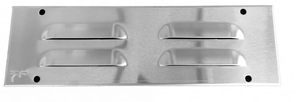 The Kokomo Grills 7-Piece Outdoor Kitchen Set includes a rectangular silver vent cover with four horizontal slots, four screw holes, and a brushed finish featuring the Kokomo Grills palm tree logo in the lower left corner.