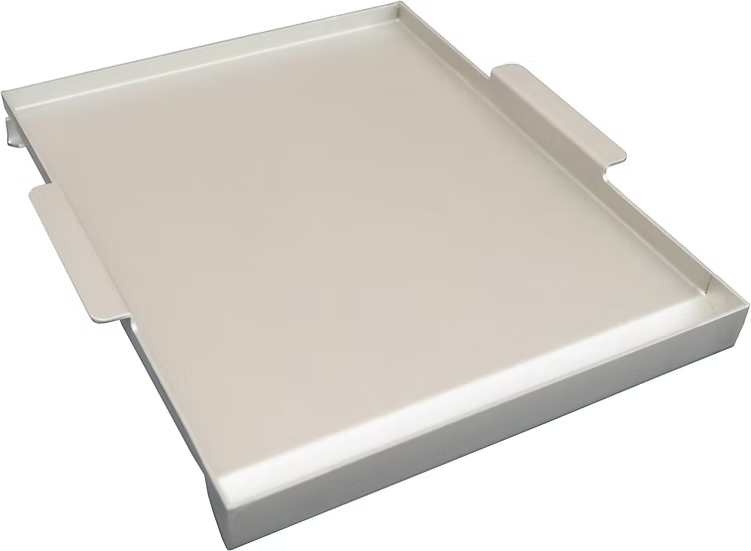 The Kokomo Grills BBQ Grill Griddle Plate Insert is a rectangular stainless steel accessory with raised edges and dual side handles, perfect for versatile outdoor cooking. Shown on a white background.