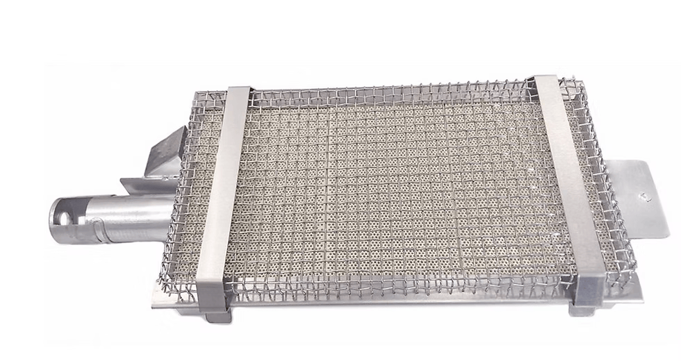 The Kokomo Grills BBQ Grill Infrared Sear Zone Burner KO-IRSB features a rectangular stainless steel design with a mesh top, two securing bands, an attached pipe, and flat plate—all durable components from Kokomo Grills.