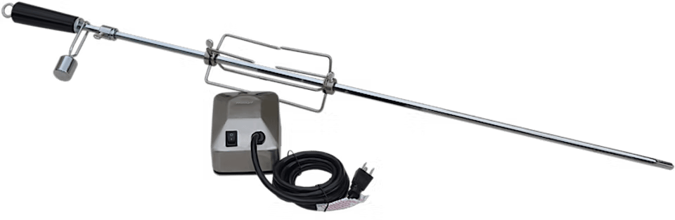 The Kokomo Grills BBQ Grill Rotisserie Kits by Kokomo Grills include a black-handled spit rod, stainless steel prongs, an electric motor base, and power cord—perfect for grilling or roasting meat; compatible with most BBQ rotisserie kits.