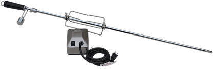The Kokomo Grills BBQ Grill Rotisserie Kits by Kokomo Grills include a black-handled spit rod, stainless steel prongs, an electric motor base, and power cord—perfect for grilling or roasting meat; compatible with most BBQ rotisserie kits.