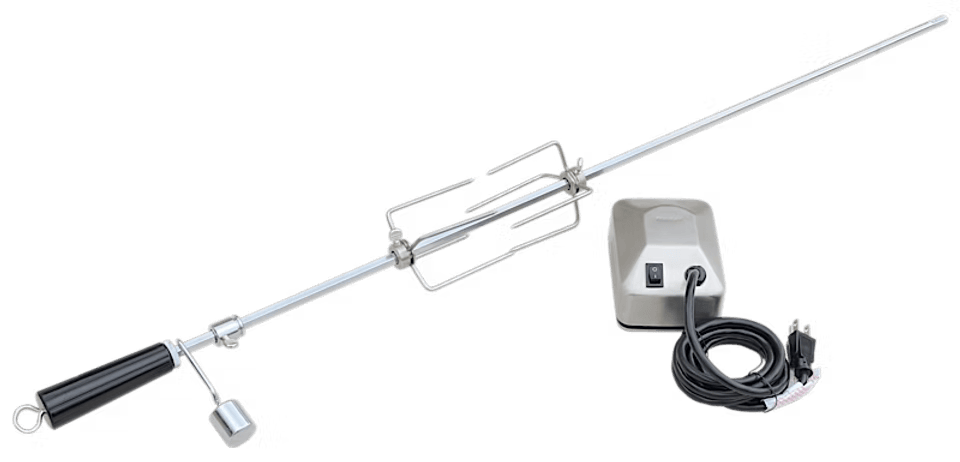 The Kokomo Grills BBQ Grill Rotisserie Kit includes a stainless steel spit, black handle, adjustable forks, counterweight, and electric motor with power cord—ideal for grilling or roasting meat on your BBQ.