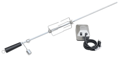 The Kokomo Grills BBQ Grill Rotisserie Kit includes a stainless steel spit, black handle, adjustable forks, counterweight, and electric motor with power cord—ideal for grilling or roasting meat on your BBQ.