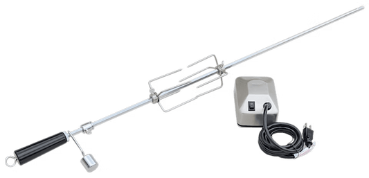 The Kokomo Grills BBQ Grill Rotisserie Kit includes a stainless steel spit, black handle, adjustable forks, counterweight, and electric motor with power cord—ideal for grilling or roasting meat on your BBQ.