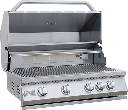 The Kokomo Grills Baja with Fire 7′6″ x 9′ Kitchen Island, a stainless steel outdoor gas grill with four knobs, open lid, warming rack, and wide cooking grates by Kokomo Grills, is displayed against a plain white background.