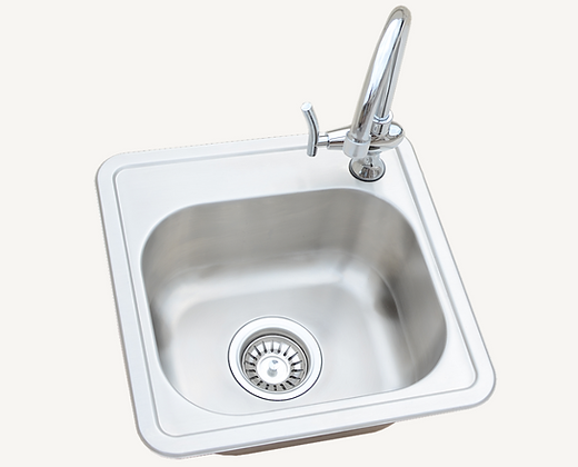 A top-down view of the Kokomo Grills Built-In 15 x 15 Outdoor Kitchen Sink KO-SINK features a clean, stainless steel basin with a modern faucet and drain stopper. The plain background highlights the sleek design, ideal for any outdoor kitchen setup.