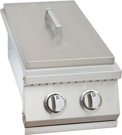 Kokomo Grills Built-In Double Side Burner in stainless steel, with a removable cover and two front control knobs.