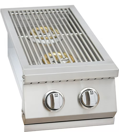 The Kokomo Grills Built-In Double Side Burner Stainless Steel with Removable Cover features dual control knobs and durable metal grates, making it ideal for outdoor grilling or cooking.
