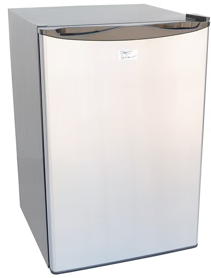 The Kokomo Grills Built-In Outdoor Kitchen Refrigerator KO-FRIDGE features a stainless steel door, curved top handle, reflective front, temp control, soda rack, and lights—ideal for outdoor kitchens—shown against a plain white background.