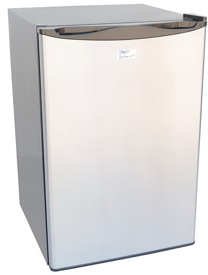 The Kokomo Grills Built-In Outdoor Kitchen Refrigerator KO-FRIDGE features a stainless steel door, curved top handle, reflective front, temp control, soda rack, and lights—ideal for outdoor kitchens—shown against a plain white background.
