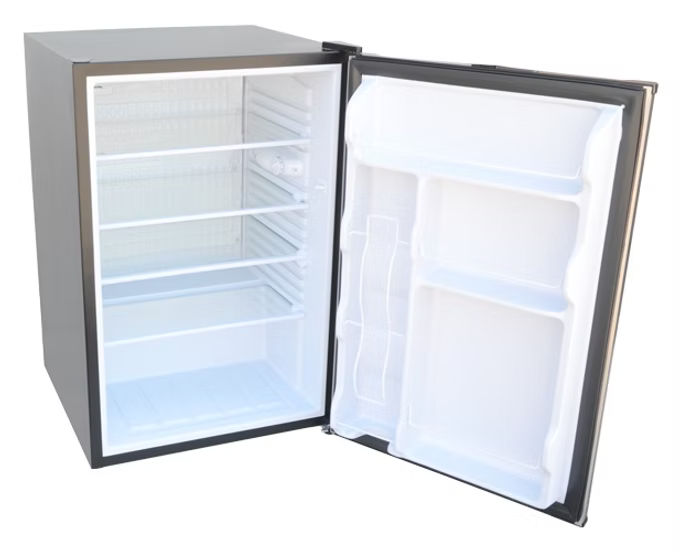 The Kokomo Grills KO-FRIDGE is a compact, black, single-door built-in outdoor refrigerator with temp control, soda rack, and interior lights—perfect for your outdoor kitchen with spacious shelves and storage compartments.