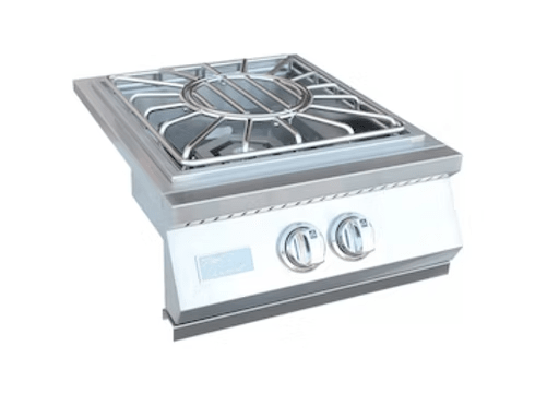 The Kokomo Grills Built-In Power Burner with Removable Grate for Wok is a stainless steel outdoor kitchen burner by Kokomo Grills, featuring two control knobs and a protective grate, displayed against a white background.