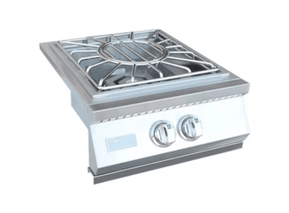 The Kokomo Grills Built-In Power Burner with Removable Grate for Wok is a stainless steel outdoor kitchen burner by Kokomo Grills, featuring two control knobs and a protective grate, displayed against a white background.