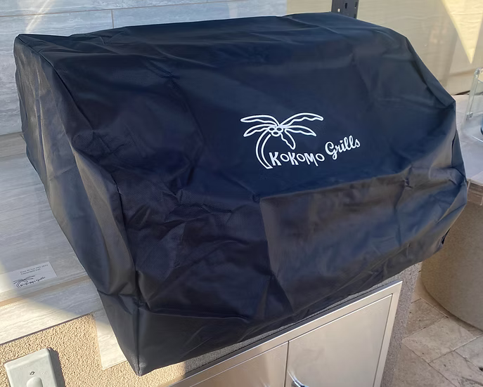 The Kokomo Grills Canvas Cover with palm tree logo offers a custom fit for 3-, 4-, or 5-burner built-in BBQ grills, protecting your grill on any patio countertop.