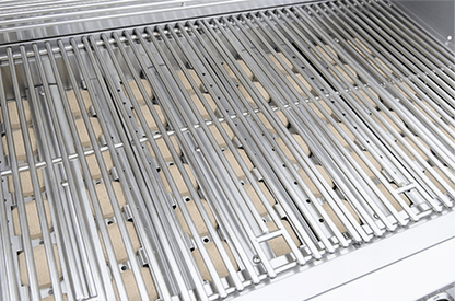 Close-up of the Kokomo Grills 3 Burner 26-Inch Cart Model BBQ Grill grate with ceramic briquettes, clean and ready for your next backyard barbecue. Features locking casters—perfect for any outdoor kitchen grill setup.