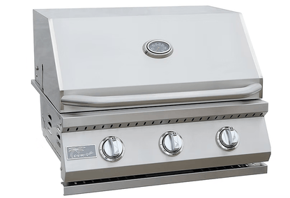 The Kokomo Grills 3 Burner 26-Inch Cart Model BBQ Grill features stainless steel, three control knobs, a built-in lid thermometer, sturdy handle, and locking casters—ideal for any outdoor kitchen. This Kokomo Grills unit appears clean and unused.