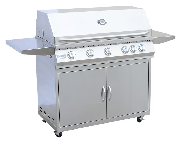 The Kokomo Grills 5 Burner 40-Inch Cart Model BBQ Grill from Kokomo Grills features five burners, locking casters, side shelves, a double-door storage cabinet, and a sleek stainless steel design with a closed lid for your outdoor space.
