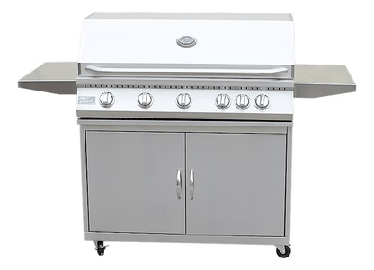 The Kokomo Grills 5 Burner 40-Inch Cart Model BBQ Grill features five burners, five control knobs, built-in lid thermometer, two side shelves, double-door storage, and locking casters—ideal for outdoor gatherings.