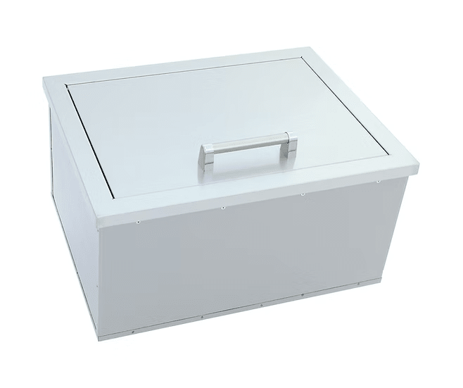 The Kokomo Grills Drop-In Stainless Steel Ice Chest 23 x 17 KO-AIC features a rectangular design with a hinged lid and sturdy top handle, shown against a plain white background.
