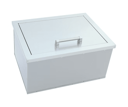The Kokomo Grills Drop-In Stainless Steel Ice Chest 23 x 17 KO-AIC features a rectangular design with a hinged lid and sturdy top handle, shown against a plain white background.