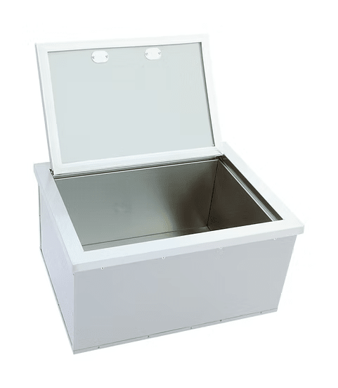 The Kokomo Grills Drop-In Stainless Steel Ice Chest 23 x 17 KO-AIC features a white, rectangular design and an open lid displaying its empty, stainless steel interior.