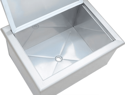 The Kokomo Grills Drop-In Stainless Steel Ice Chest 23 x 17 KO-AIC features a hinged, partially open lid, clean interior, center drain hole, and smooth reflective surfaces—ideal for your outdoor kitchen.
