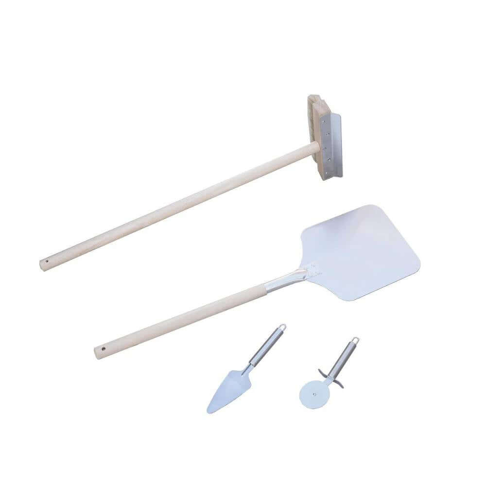 Four-piece pizza oven accessory kit including a pizza peel, cleaning broom, pizza cutter, and spatula.