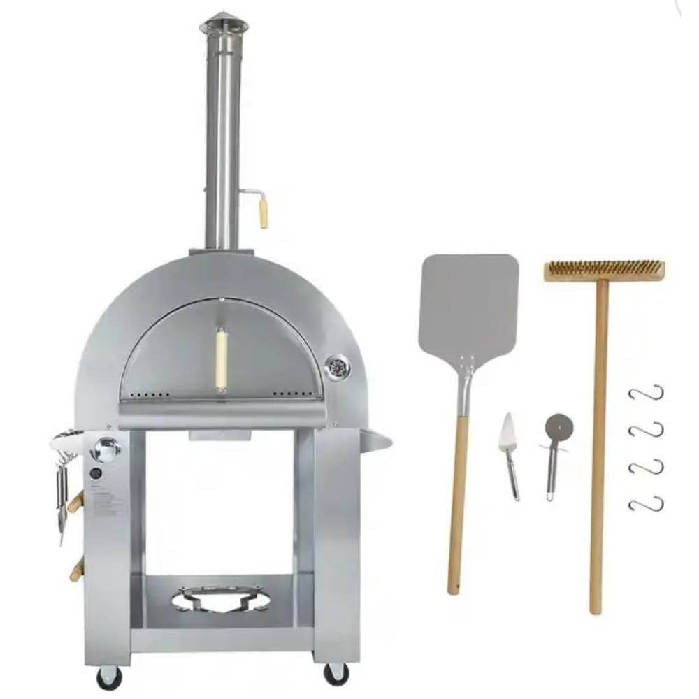 Front view of the outdoor Kokomo 32” Dual Fuel Freestanding Pizza Oven with accessories displayed beside it.