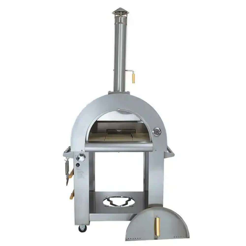 Front-side view of the outdoor Kokomo 32” Dual Fuel Freestanding Pizza Oven with open door.