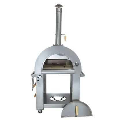 Front-side view of the outdoor Kokomo 32” Dual Fuel Freestanding Pizza Oven with open door.