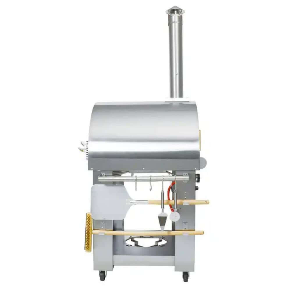 Left-side view of the outdoor Kokomo 32” Dual Fuel Freestanding Pizza Oven with attached pizza accessories.